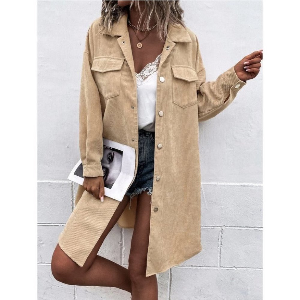 Corduroy Snap Button Flap Pocket Curved Hem Coat Khaki - Picture 4 of 6